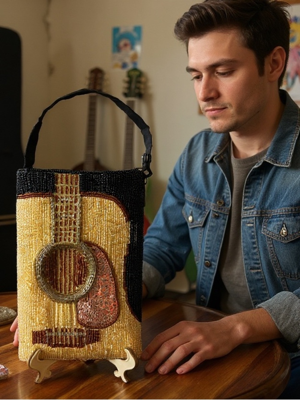 Beaded Guitar Motif Crossbody Bag - Black & Gold made by the Bamboo trading Co.